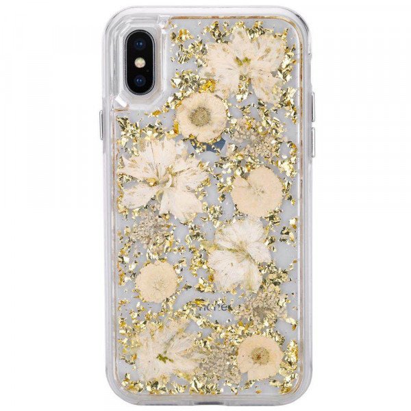 Wholesale iPhone Xs Max Luxury Glitter Dried Natural Flower Petal Clear Hybrid Case (Gold Yellow)